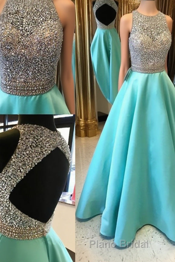 Round Neck Sequin Open Back Green Formal Prom Dresses, Evening Dresses Main image