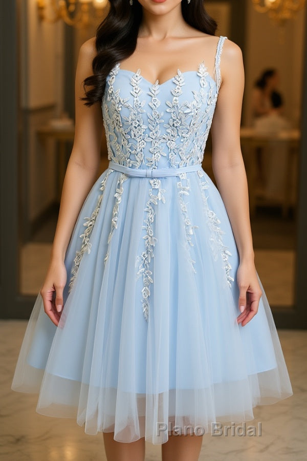 Round Neck Short Blue Lace Formal Prom Dresses, Short Blue Lace Homecoming Graduation Dresses Main image