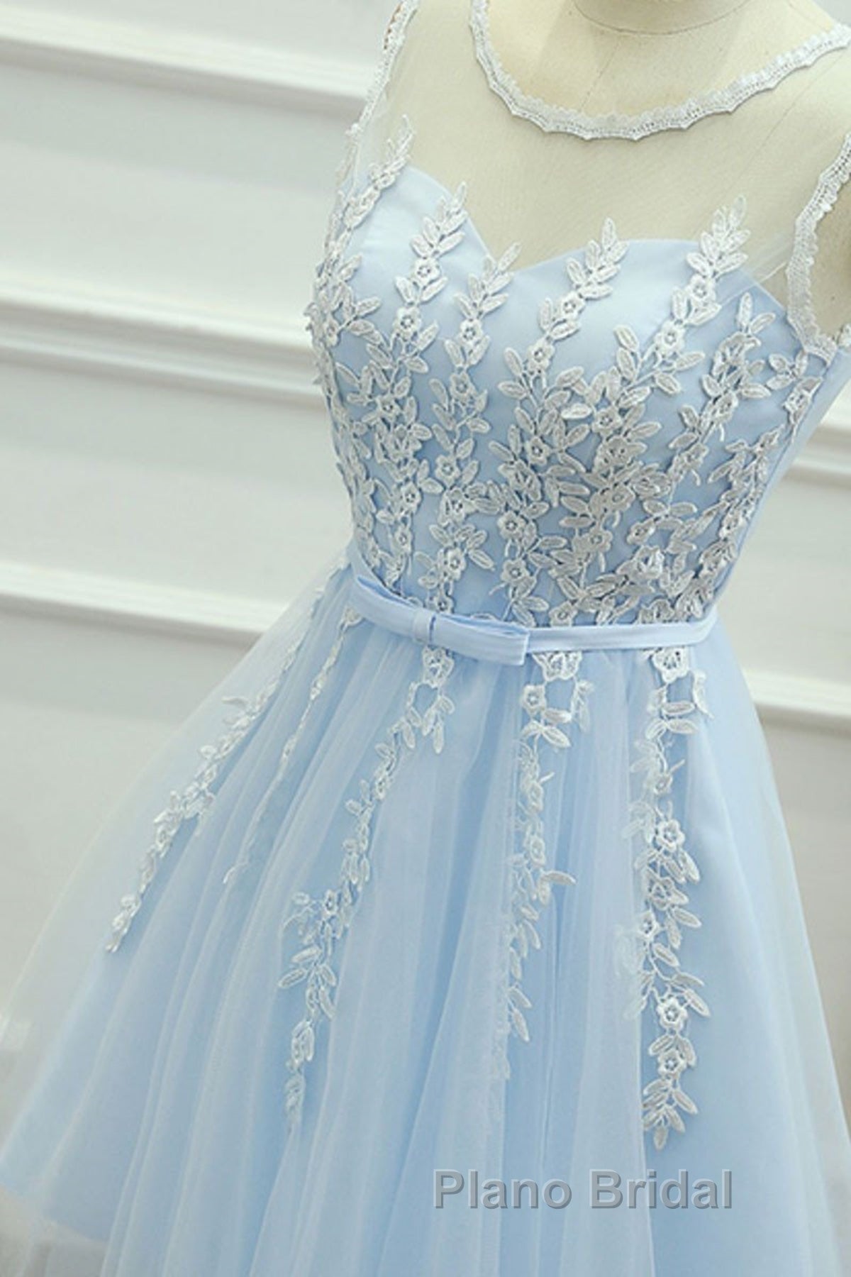 Round Neck Short Blue Lace Formal Prom Dresses, Short Blue Lace Homecoming Graduation Dresses