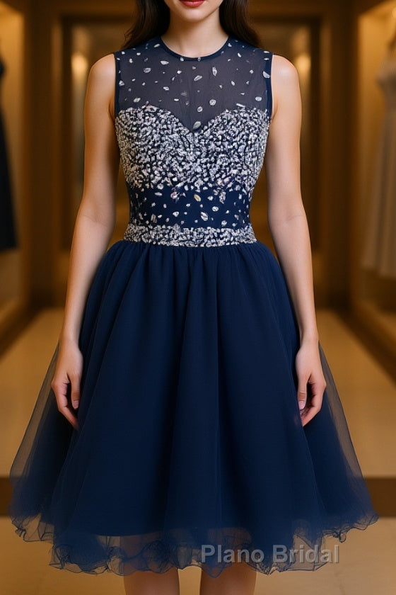 Round Neck Short Dark Blue Formal Prom Dresses, Short Dark Blue Homecoming Dresses Main image