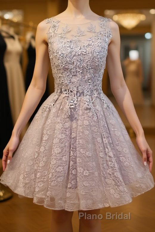 Round Neck Short Gray Lace Formal Prom Dresses, Short Gray Lace Formal Homecoming Graduation Dresses Main image