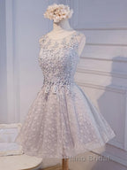 Round Neck Short Gray Lace Formal Prom Dresses, Short Gray Lace Formal Homecoming Graduation Dresses