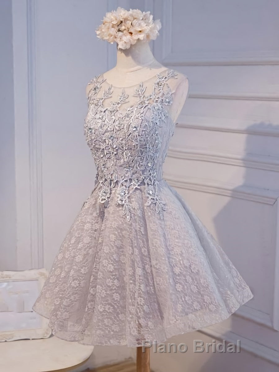 Round Neck Short Gray Lace Formal Prom Dresses, Short Gray Lace Formal Homecoming Graduation Dresses