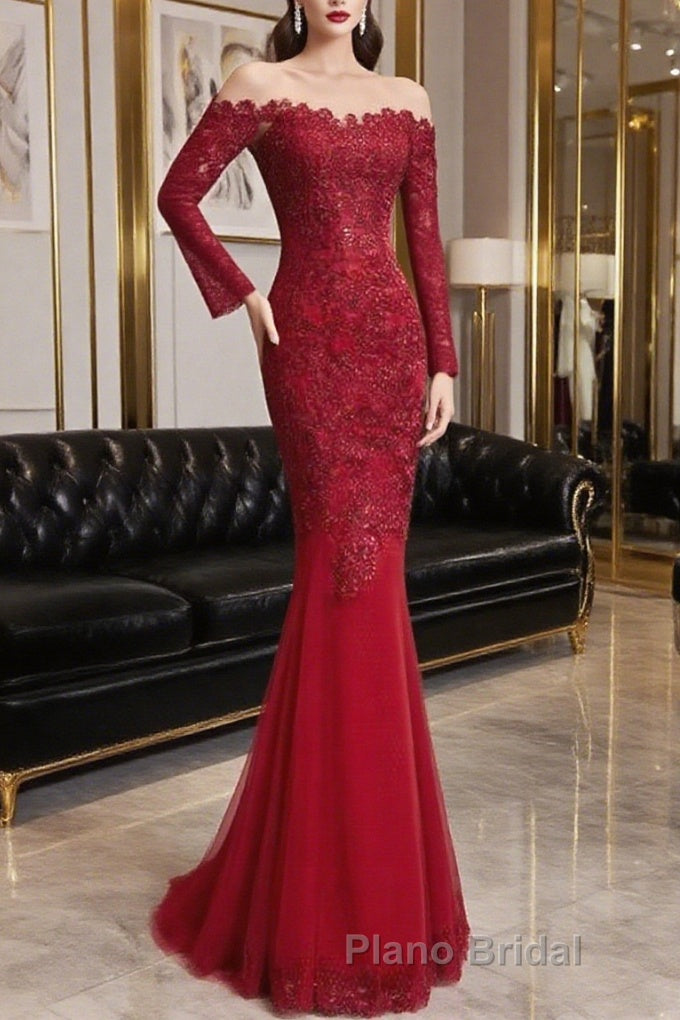 Round Neck Short Sleeves Mermaid Burgundy Lace Long Formal Prom Dress, Mermaid Burgundy Lace Formal Dress, Wine Red Evening Dress