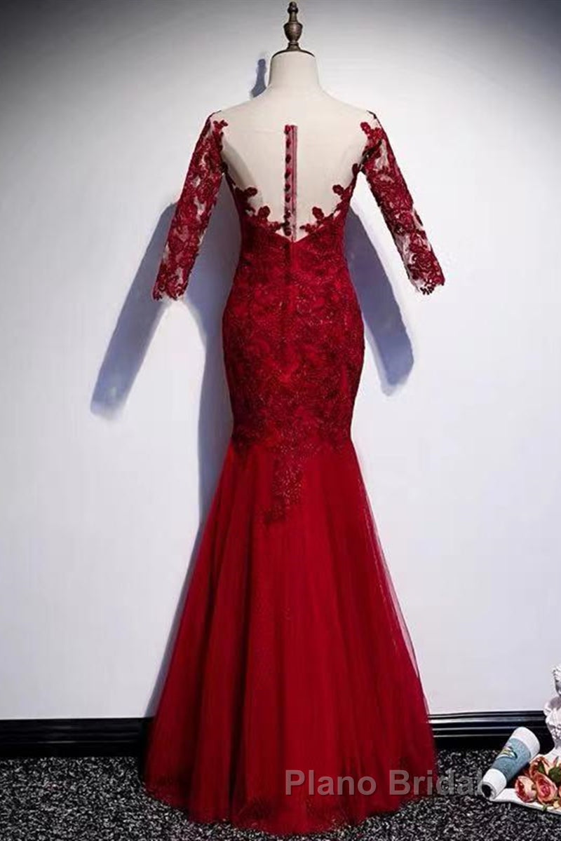 Round Neck Short Sleeves Mermaid Burgundy Lace Long Formal Prom Dress, Mermaid Burgundy Lace Formal Dress, Wine Red Evening Dress Secondary image