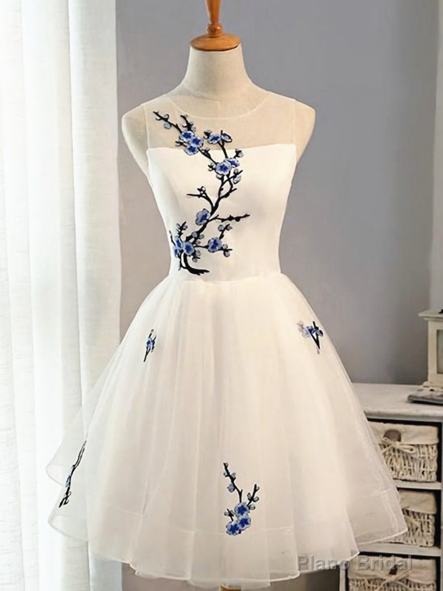Round Neck Short White Prom Dresses, Short White Floral Graduation Homecoming Dresses Main image