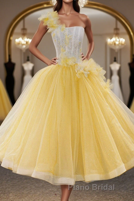 Round Neck Yellow Lace Tulle Formal Prom Dress, Yellow Lace Short Homecoming Dress, Yellow Formal Graduation Evening Dress Main image