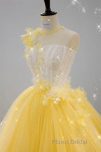 Round Neck Yellow Lace Tulle Formal Prom Dress, Yellow Lace Short Homecoming Dress, Yellow Formal Graduation Evening Dress