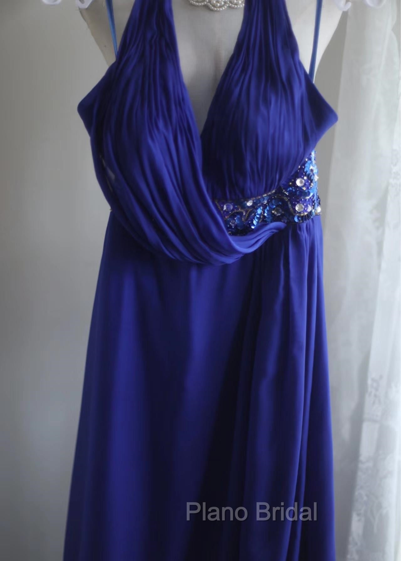 Royal Blue A-Line Halter Chiffon Satin Long Formal Prom Dresses V-Neck Beaded Birthday Party Dresses Secondary image