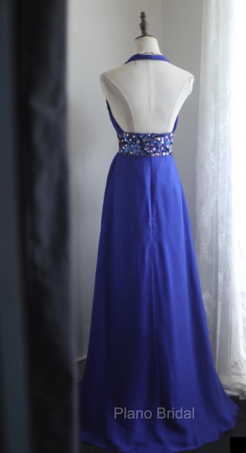 Royal Blue A-Line Halter Chiffon Satin Long Formal Prom Dresses V-Neck Beaded Birthday Party Dresses