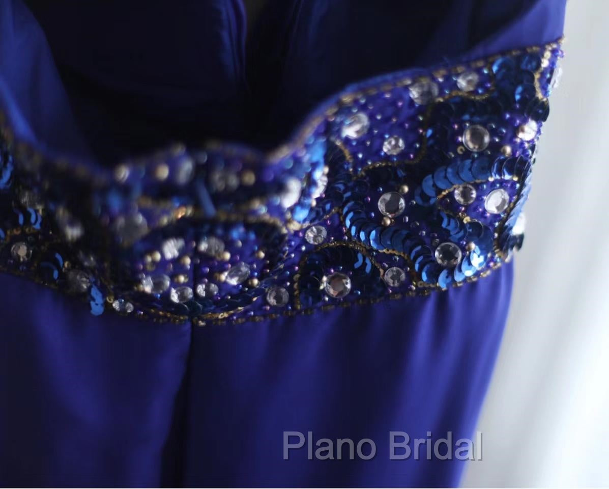 Royal Blue A-Line Halter Chiffon Satin Long Formal Prom Dresses V-Neck Beaded Birthday Party Dresses