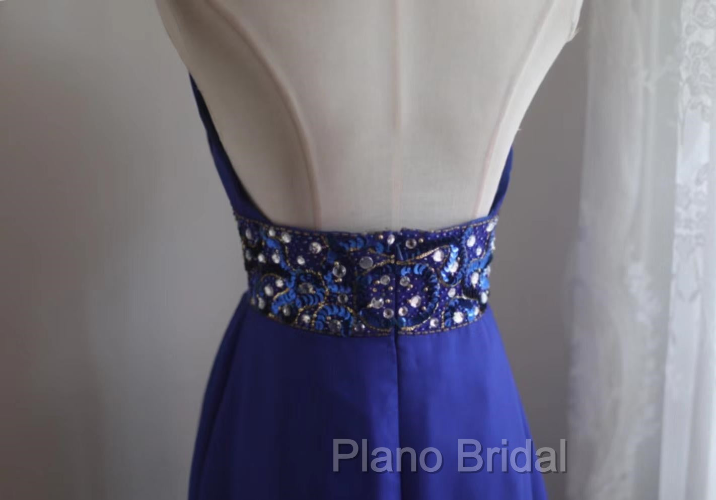 Royal Blue A-Line Halter Chiffon Satin Long Formal Prom Dresses V-Neck Beaded Birthday Party Dresses