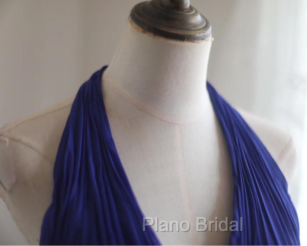 Royal Blue A-Line Halter Chiffon Satin Long Formal Prom Dresses V-Neck Beaded Birthday Party Dresses