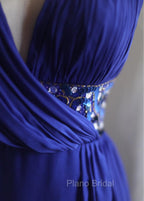 Royal Blue A-Line Halter Chiffon Satin Long Formal Prom Dresses V-Neck Beaded Birthday Party Dresses