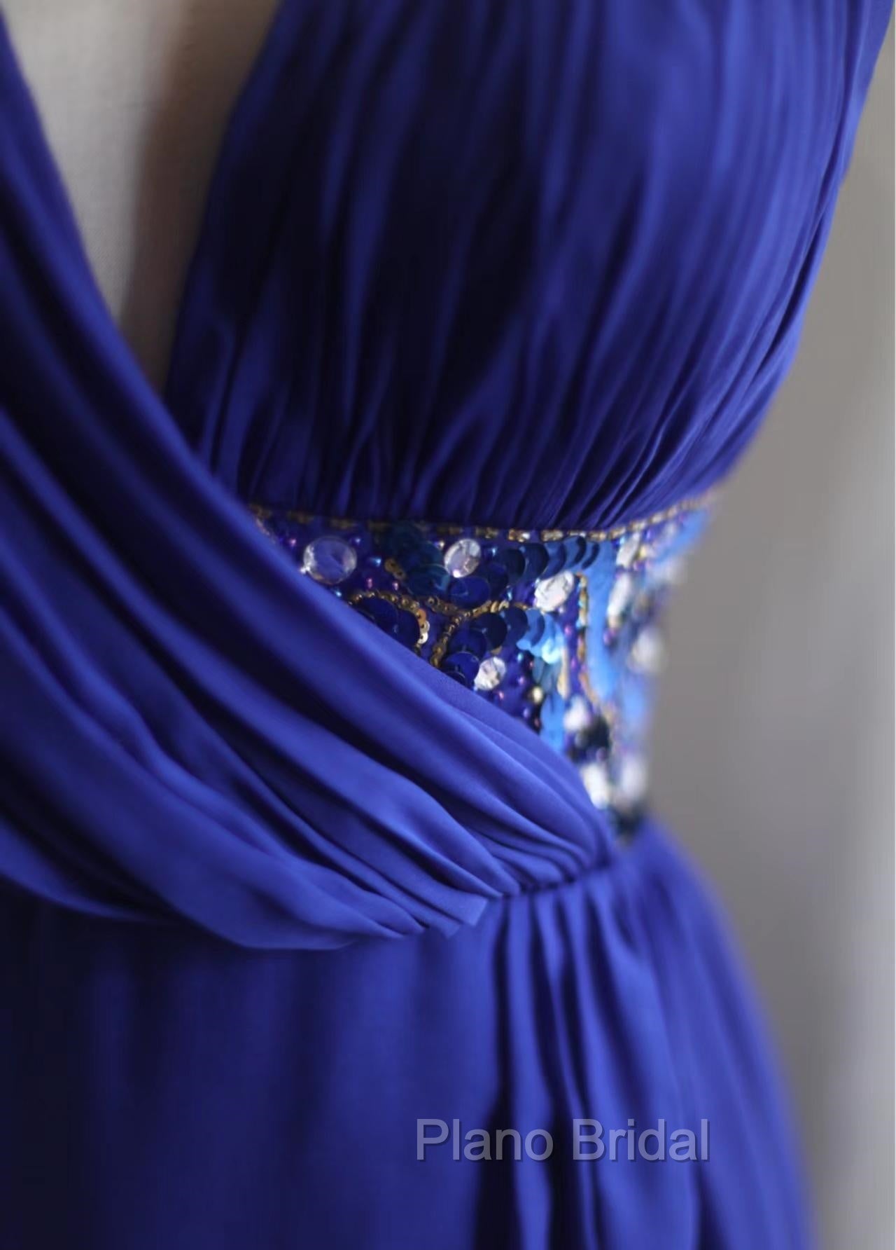 Royal Blue A-Line Halter Chiffon Satin Long Formal Prom Dresses V-Neck Beaded Birthday Party Dresses