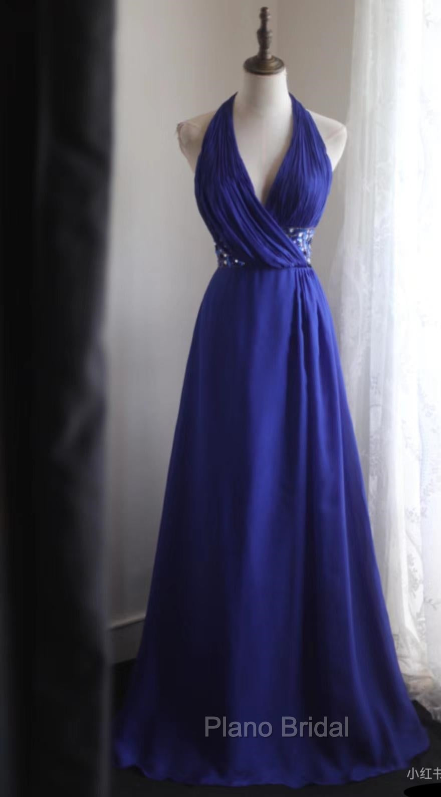 Royal Blue A-Line Halter Chiffon Satin Long Formal Prom Dresses V-Neck Beaded Birthday Party Dresses