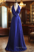 Royal Blue A-Line Halter Chiffon Satin Long Formal Prom Dresses V-Neck Beaded Birthday Party Dresses