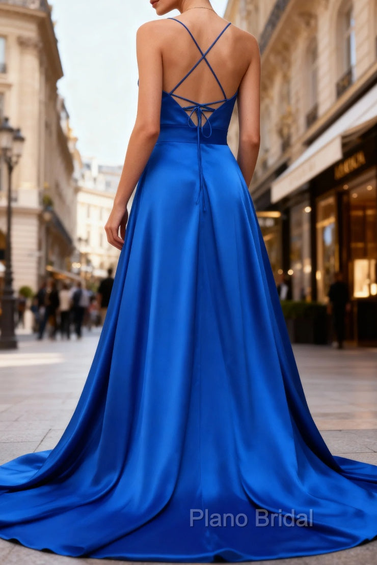 Royal Blue A Line Spaghetti Straps Satin Formal Prom Dresses with Slit