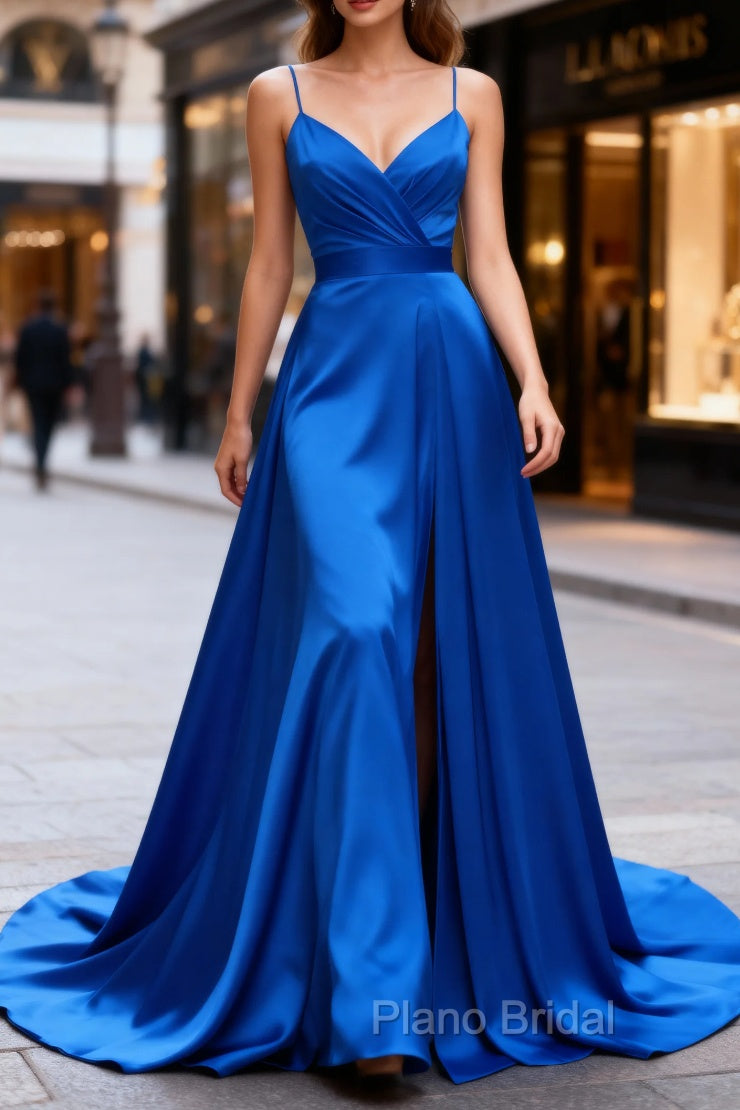 Royal Blue A Line Spaghetti Straps Satin Formal Prom Dresses with Slit Main image