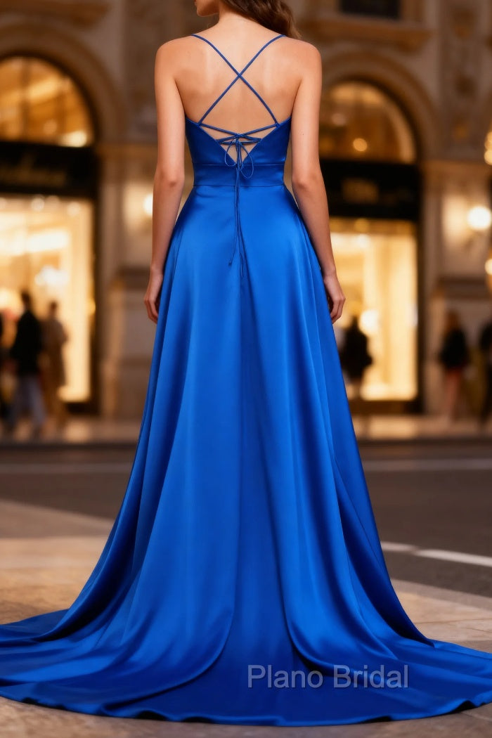 Royal Blue A Line Spaghetti Straps Satin Formal Prom Dresses with Slit Secondary image