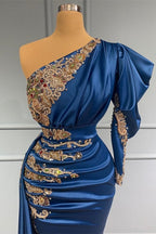 Royal Blue Asymmetric One Shoulder Stretch Satin Evening Prom Dresses With Appliques