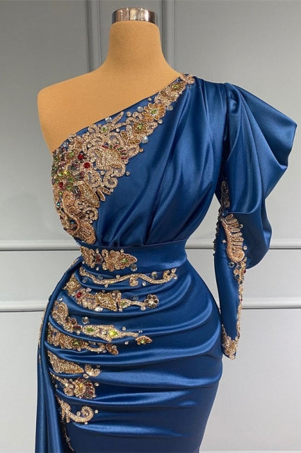 Royal Blue Asymmetric One Shoulder Stretch Satin Evening Prom Dresses With Appliques