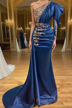 Royal Blue Asymmetric One Shoulder Stretch Satin Evening Formal Prom Dresses with Appliques