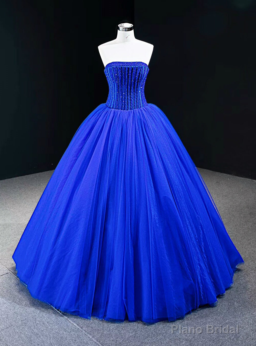 Royal Blue Ball Gown Tulle Strapless Floor Length Beading Prom Dress Main image