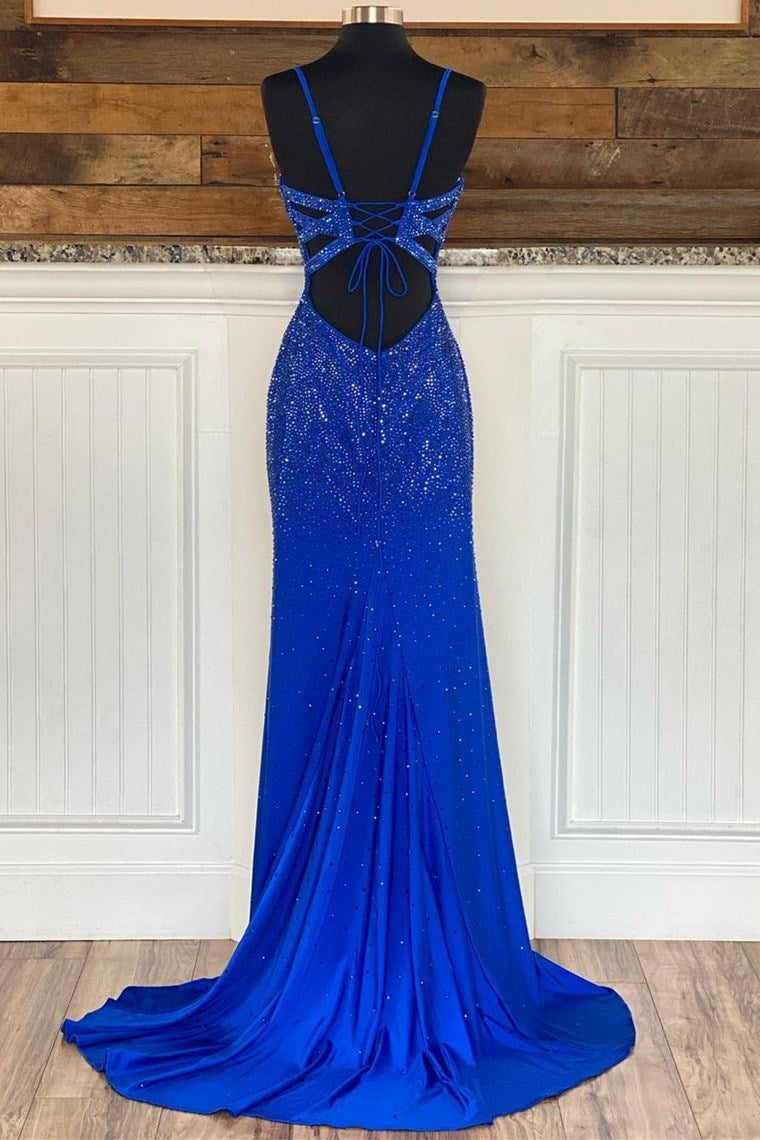 Royal Blue Beaded V-Neck Mermaid Long Formal Prom Dresses Secondary image