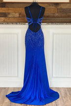 Royal Blue Beaded V-Neck Mermaid Long Formal Prom Dresses