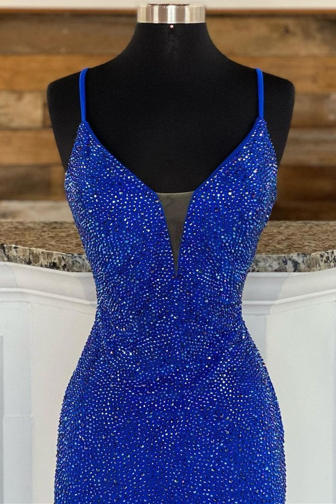 Royal Blue Beaded V-Neck Mermaid Long Formal Prom Dresses