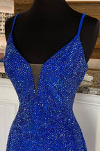 Royal Blue Beaded V-Neck Mermaid Long Formal Prom Dresses