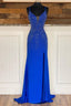 Royal Blue Beaded V-Neck Mermaid Long Formal Prom Dresses