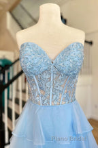 Royal Blue Chiffon Sweetheart Ruffle Tiered Long Formal Prom Dresses