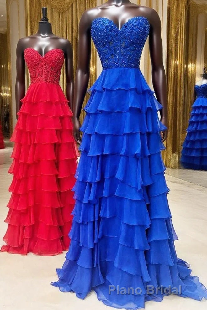 Royal Blue Chiffon Sweetheart Ruffle Tiered Long Formal Prom Dresses Main image
