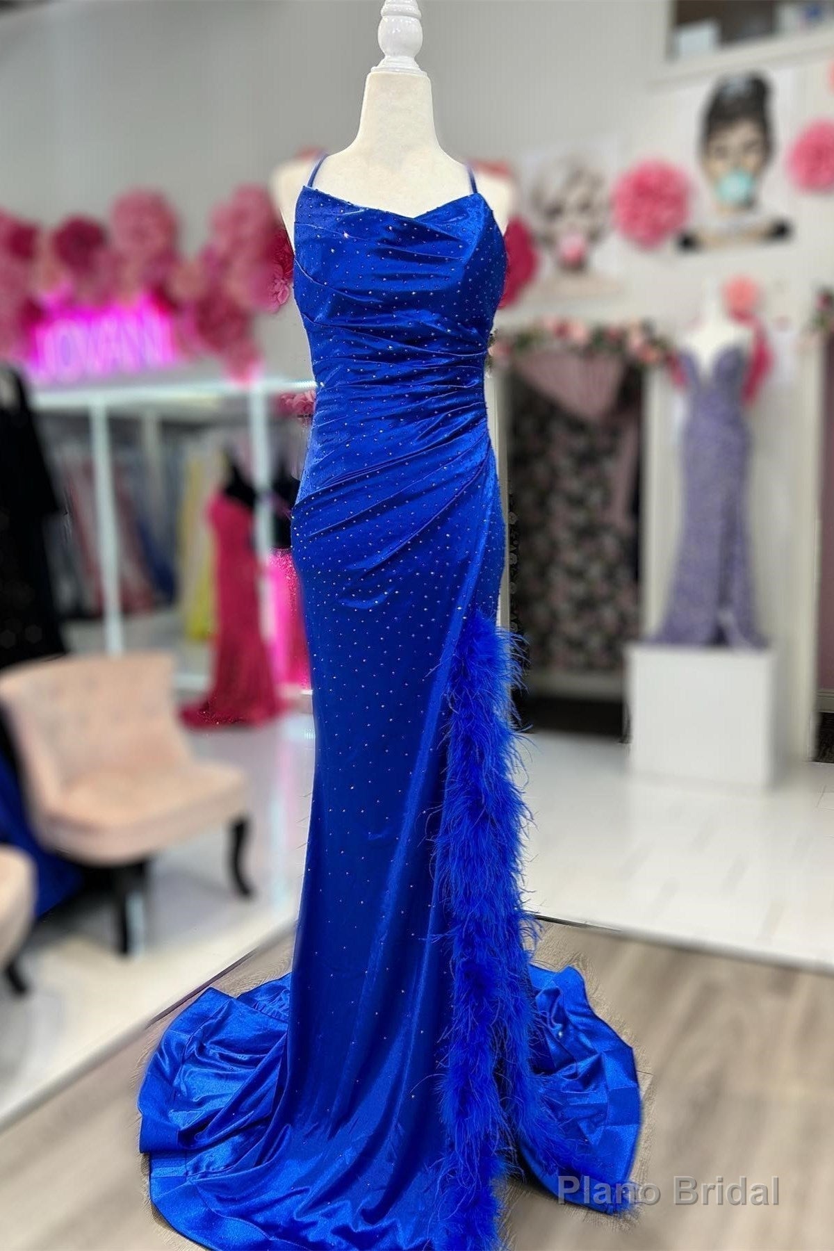 Royal Blue Cowl Neck Rhinestones Long Prom Dress with Feather-Trimmed Slit Main image