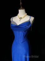 Royal Blue Elegant Mermaid Satin Spaghetti Strap Long Formal Prom Dresses Beaded Formal Gown