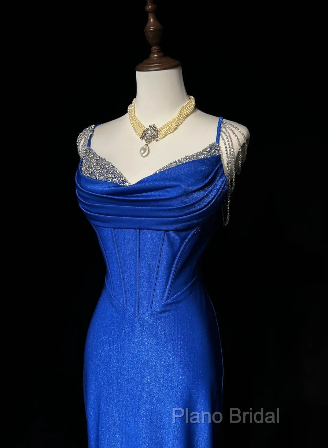 Royal Blue Elegant Mermaid Satin Spaghetti Strap Long Formal Prom Dresses Beaded Formal Gown