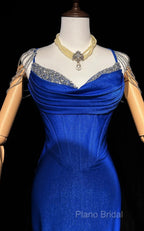 Royal Blue Elegant Mermaid Satin Spaghetti Strap Long Formal Prom Dresses Beaded Formal Gown