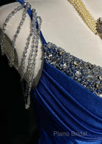 Royal Blue Elegant Mermaid Satin Spaghetti Strap Long Formal Prom Dresses Beaded Formal Gown