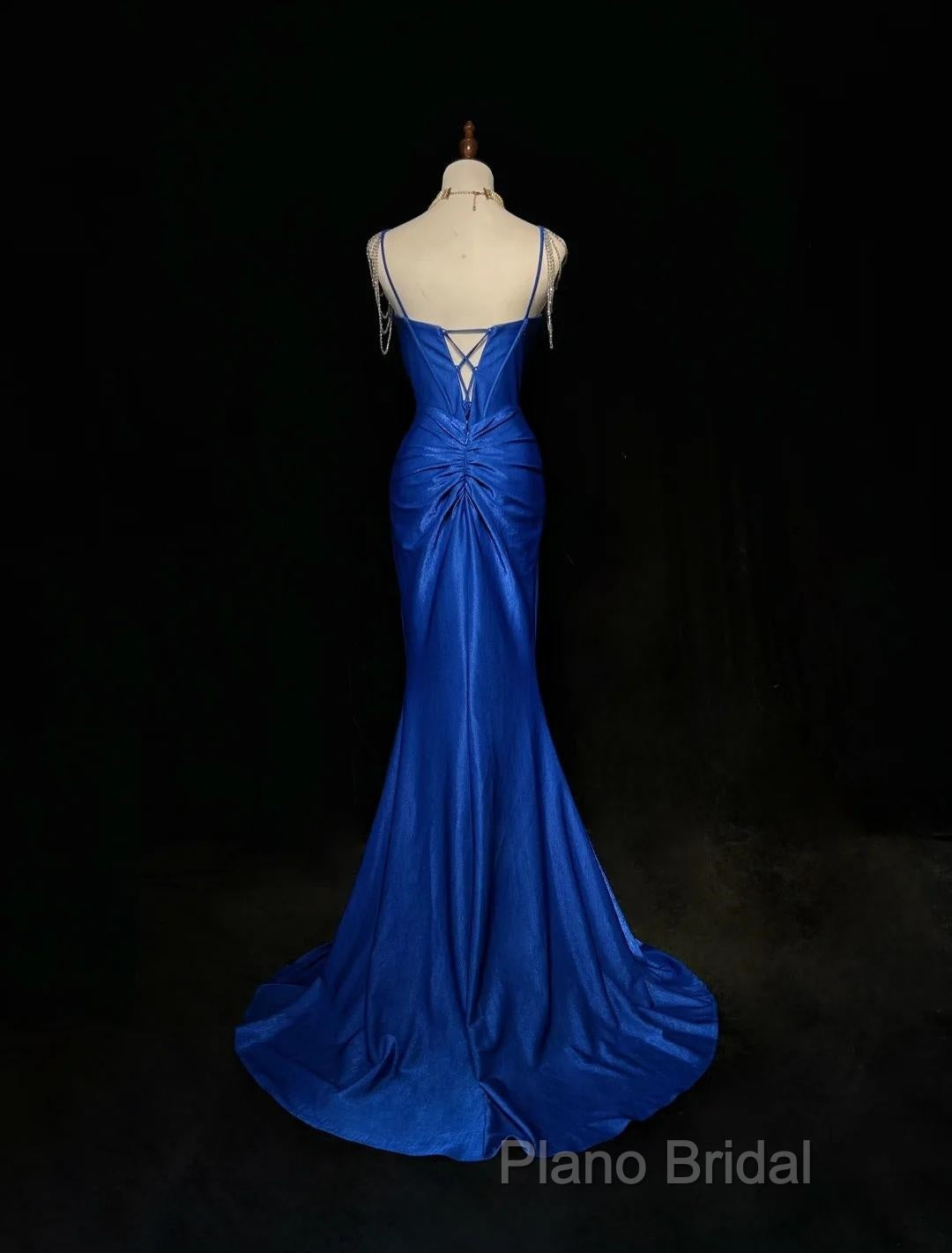 Royal Blue Elegant Mermaid Satin Spaghetti Strap Long Formal Prom Dresses Beaded Formal Gown