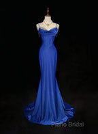 Royal Blue Elegant Mermaid Satin Spaghetti Strap Long Formal Prom Dresses Beaded Formal Gown