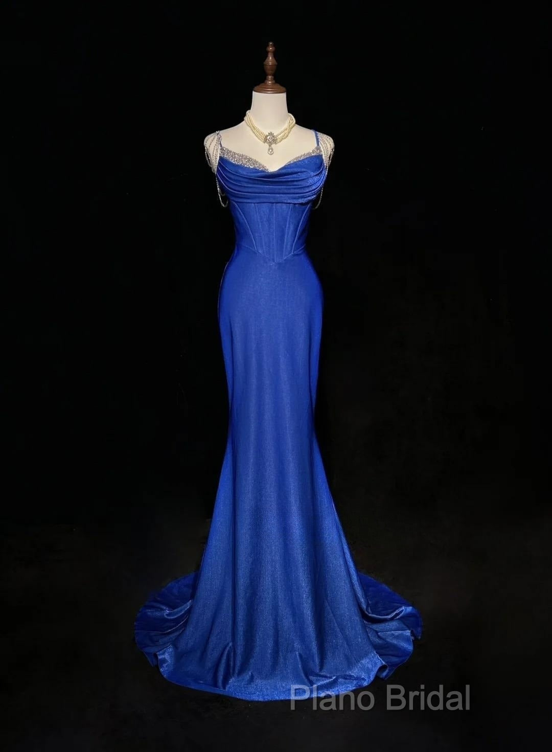 Royal Blue Elegant Mermaid Satin Spaghetti Strap Long Formal Prom Dresses Beaded Formal Gown