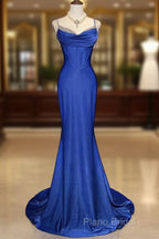 Royal Blue Elegant Mermaid Satin Spaghetti Strap Long Formal Prom Dresses Beaded Formal Gown