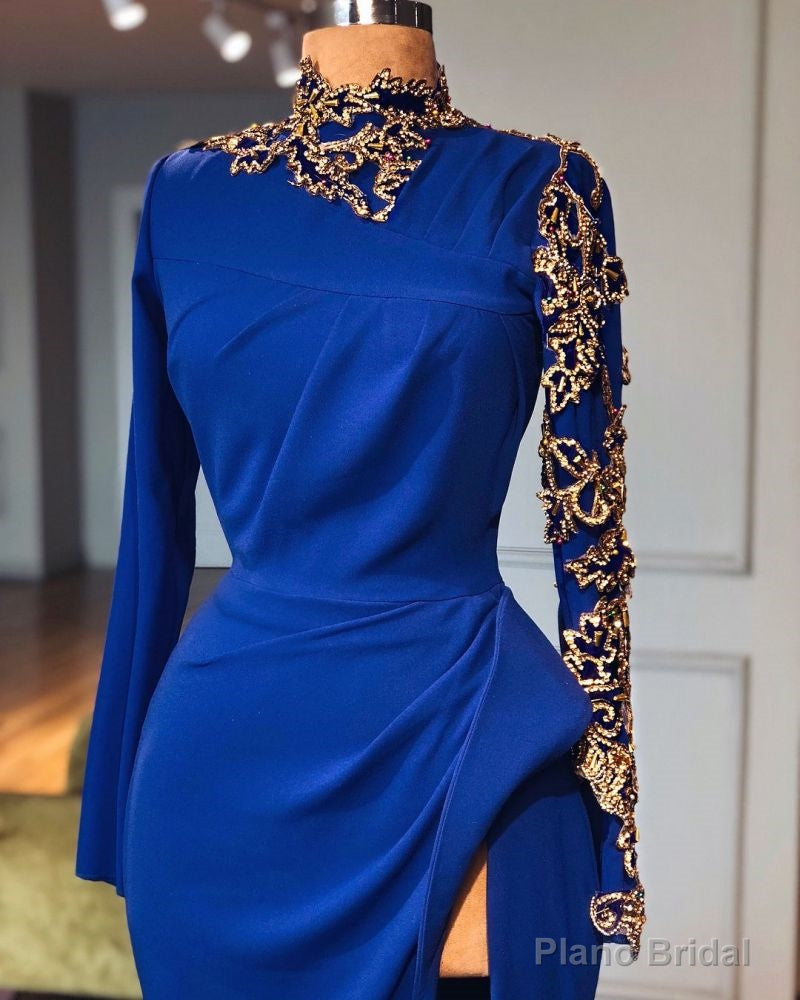 Royal Blue High Neck Side Slit Mermaid Prom Dresses Elegant Long Sleevess Appliques Evening Gowns Secondary image