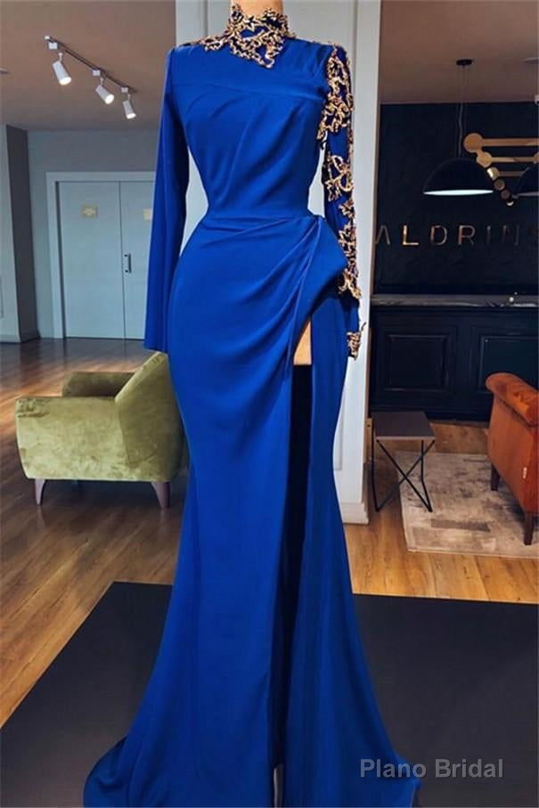 Royal Blue High Neck Side Slit Mermaid Prom Dresses Elegant Long Sleevess Appliques Evening Gowns Main image