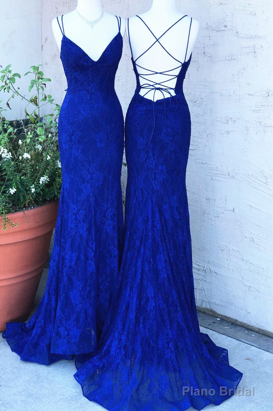 Royal Blue Lace Sheath Prom Dresses Long Open Back Secondary image