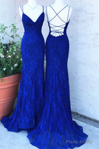 Royal Blue Lace Sheath Prom Dresses Long Open Back
