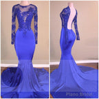 Royal-Blue Long-Sleeves Open-Back Mermaid Charming Sheer Prom Dresses