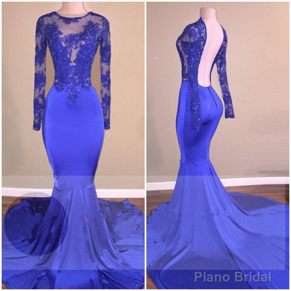 Royal-Blue Long-Sleeves Open-Back Mermaid Charming Sheer Prom Dresses